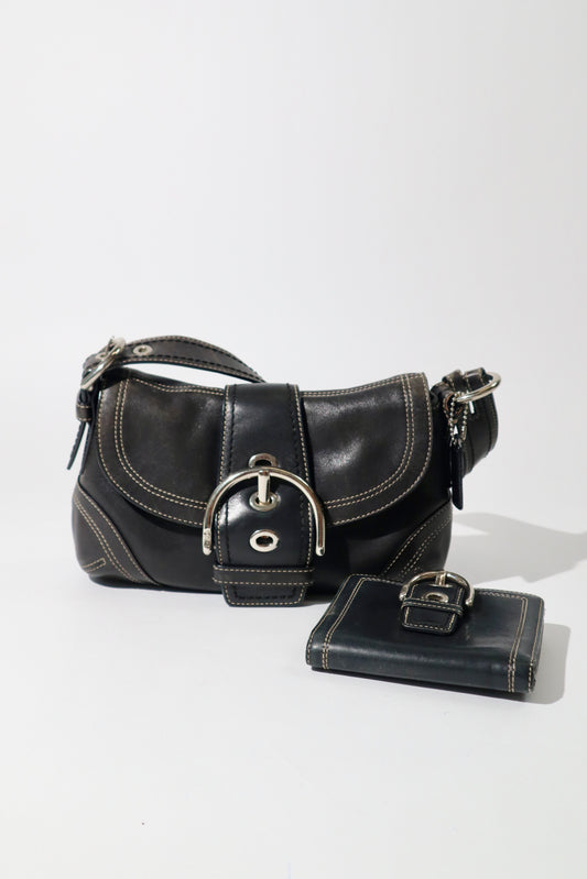 Vintage Coach Soho Black Leather Shoulder Bag 10316 with Matching Wallet