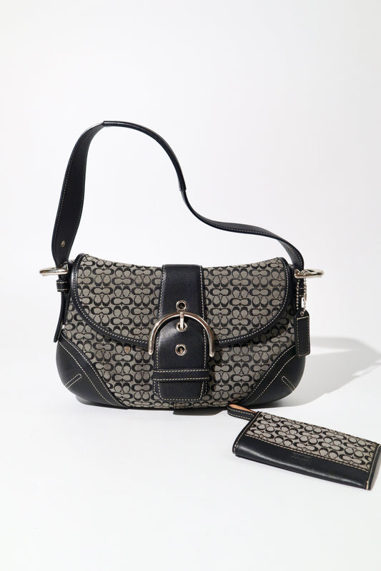 Vintage Coach 2004 Signature Soho Shoulder Bag Black/Grey 6818 with Matching Coin Purse