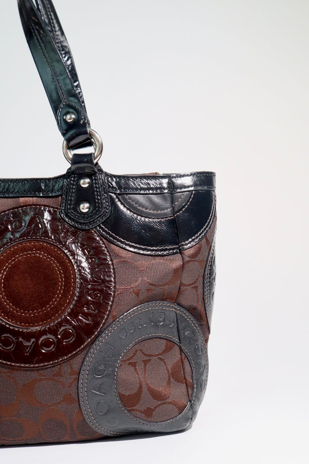 Coach Circle Mosaic Patchwork East West Tote – Style F15466 (Rare)