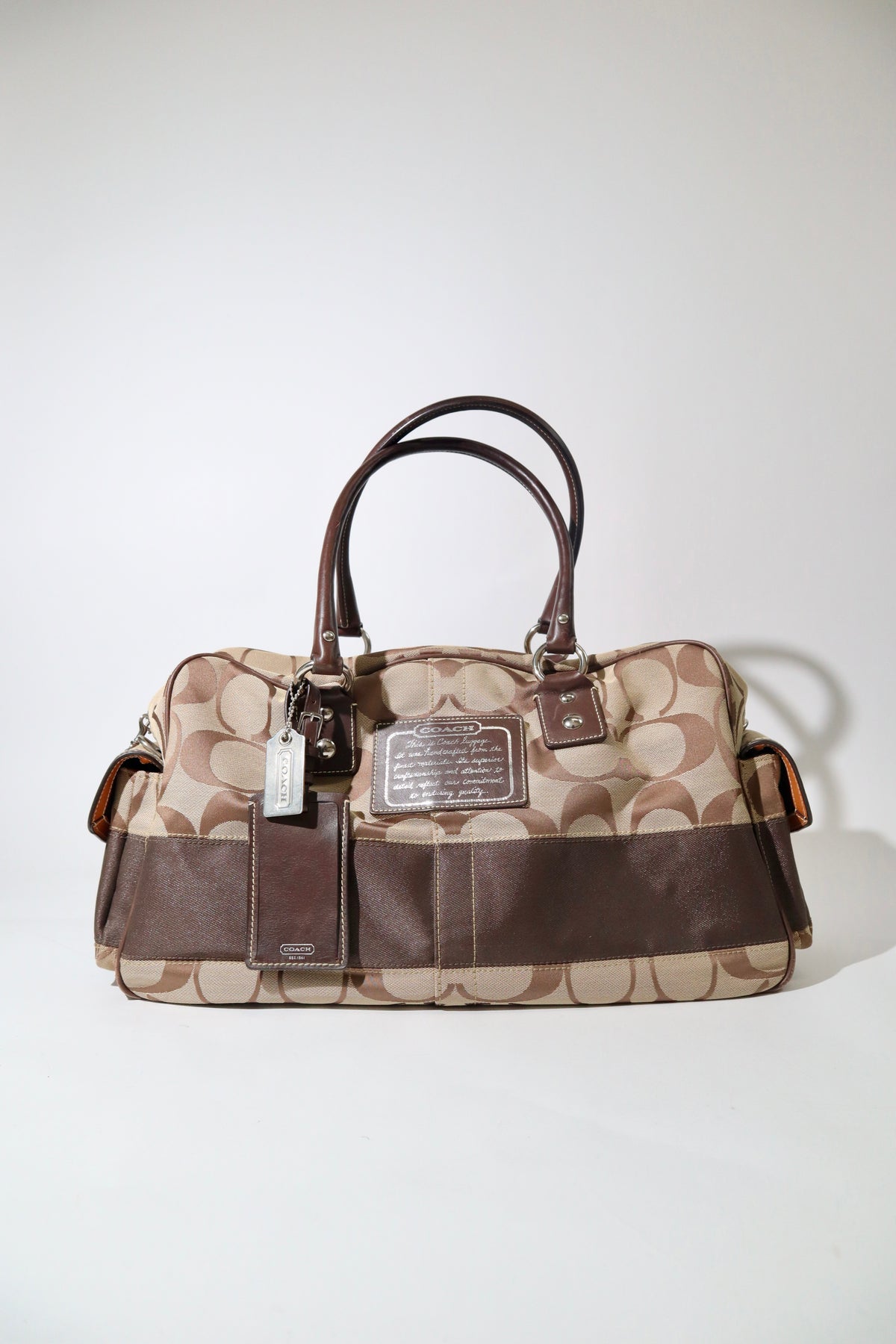 Coach Signature Stripe Boston Duffel Travel Bag, style F10392 (Silver Hardware)