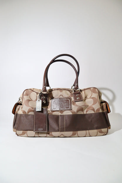 Coach Signature Stripe Boston Duffel Travel Bag, style F10392 (Silver Hardware)