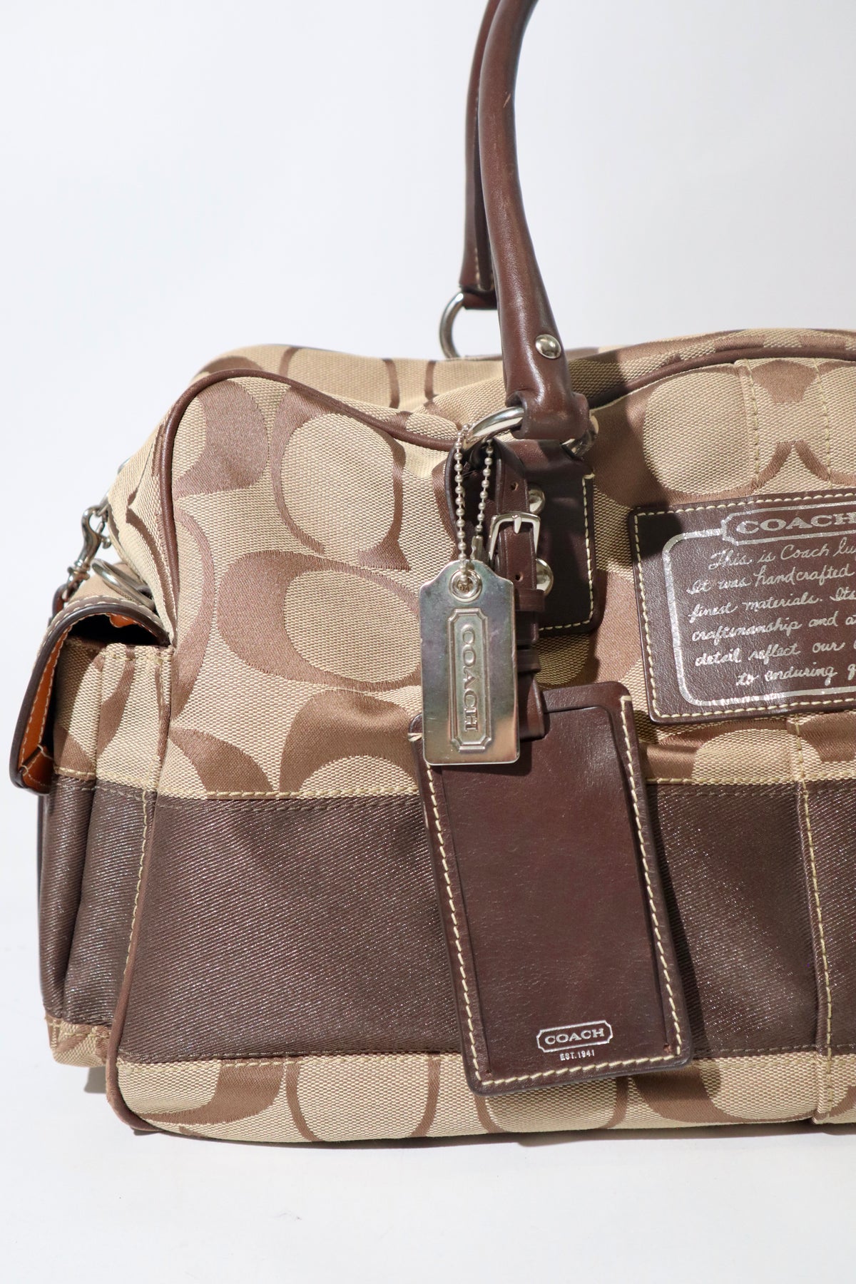 Coach Signature Stripe Boston Duffel Travel Bag, style F10392 (Silver Hardware)