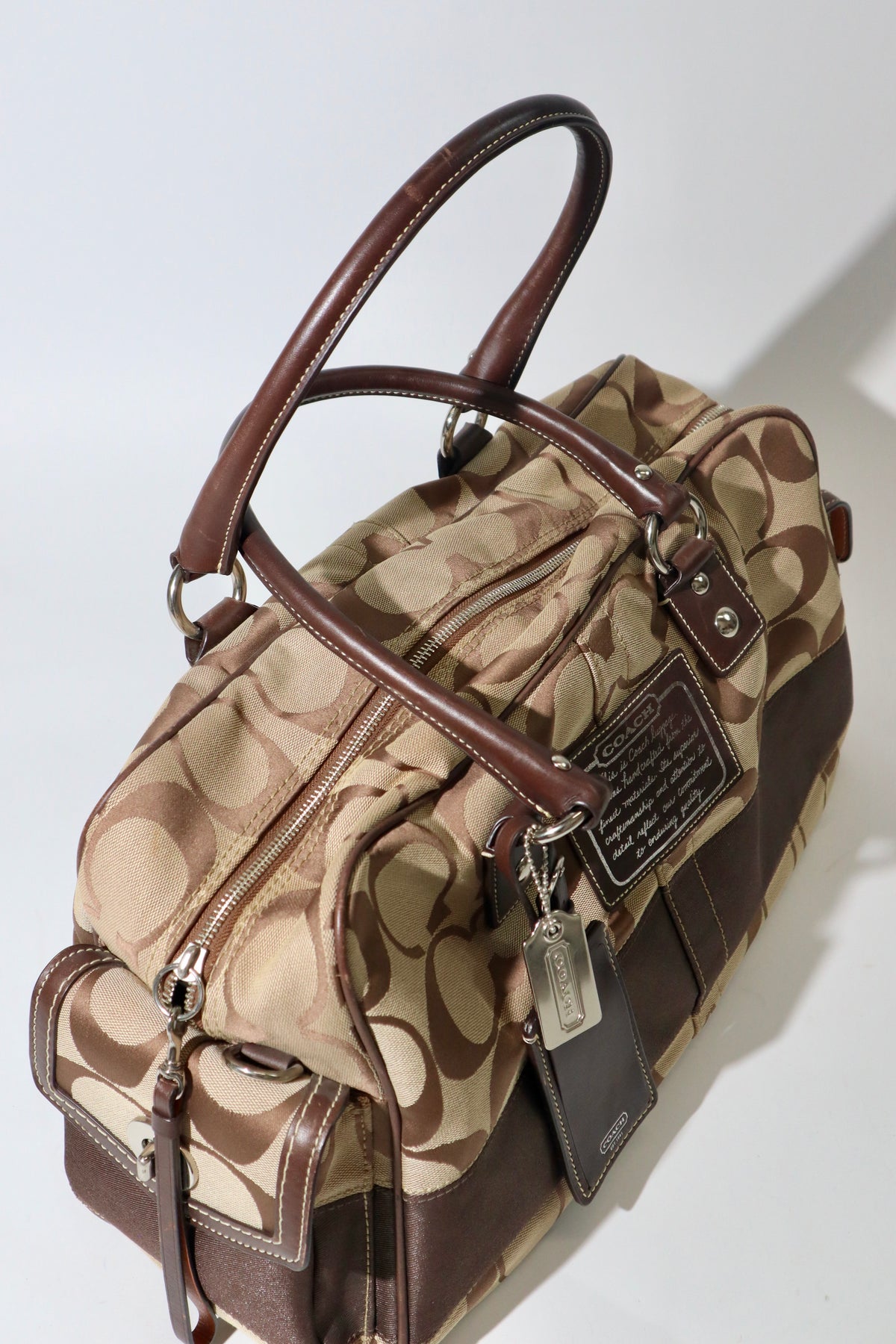 Coach Signature Stripe Boston Duffel Travel Bag, style F10392 (Silver Hardware)