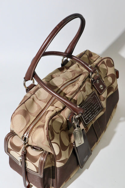 Coach Signature Stripe Boston Duffel Travel Bag, style F10392 (Silver Hardware)
