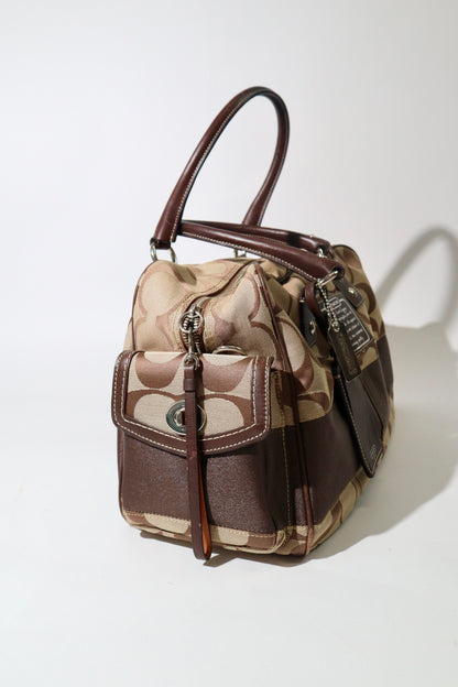 Coach Signature Stripe Boston Duffel Travel Bag, style F10392 (Silver Hardware)
