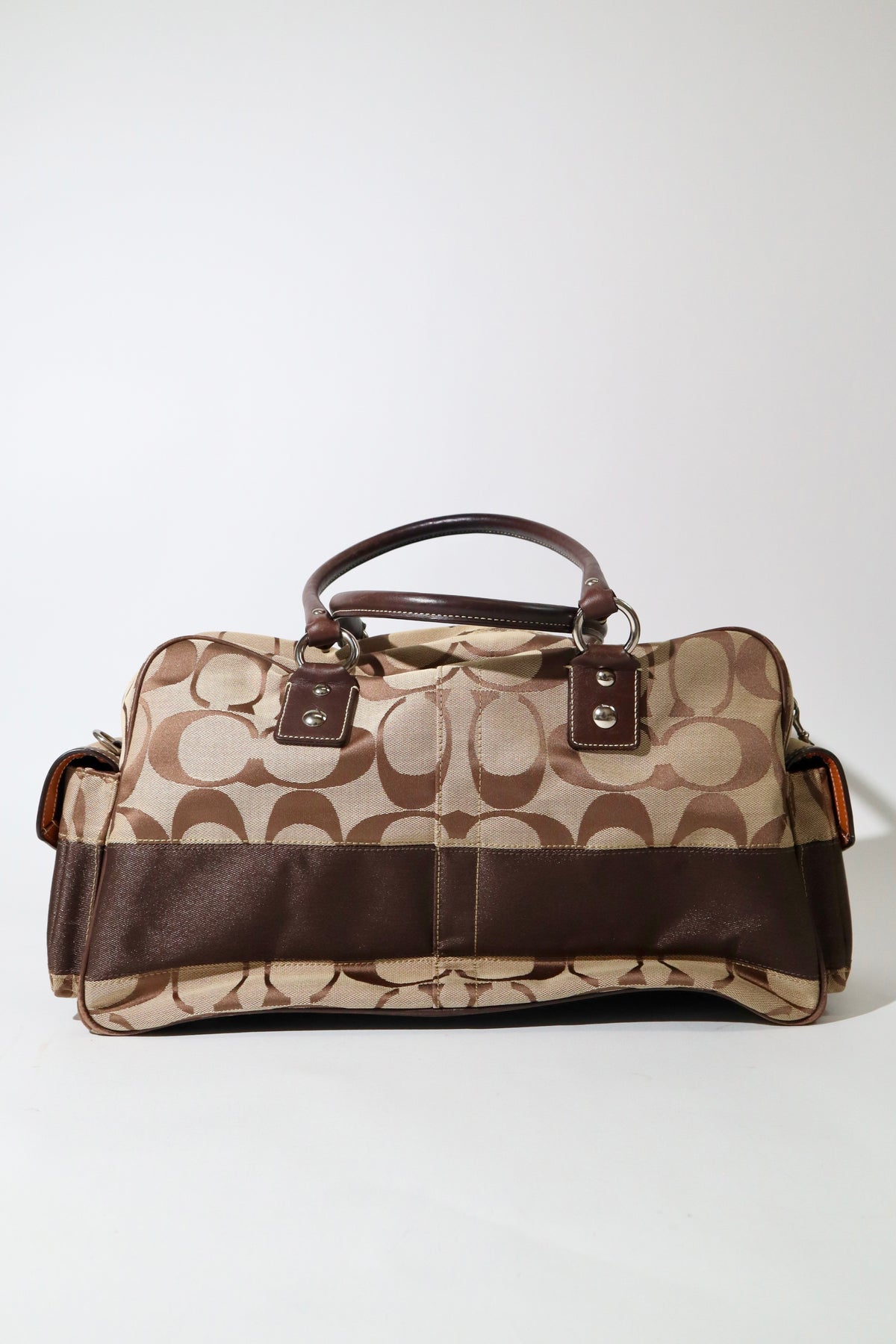 Coach Signature Stripe Boston Duffel Travel Bag, style F10392 (Silver Hardware)