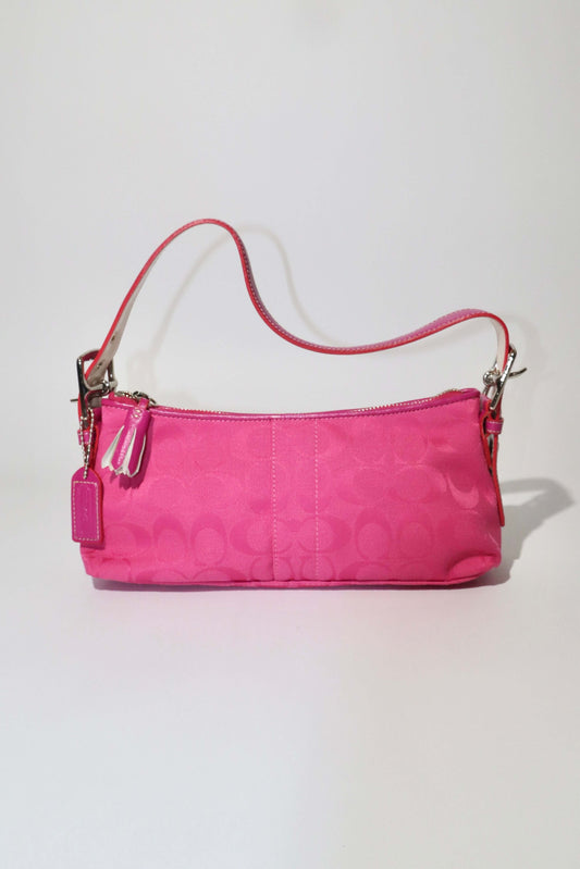 Vintage Coach Hot Pink Baguette Demi Shoulder Bag with C monogram canvas and vibrant hot pink leather trim.