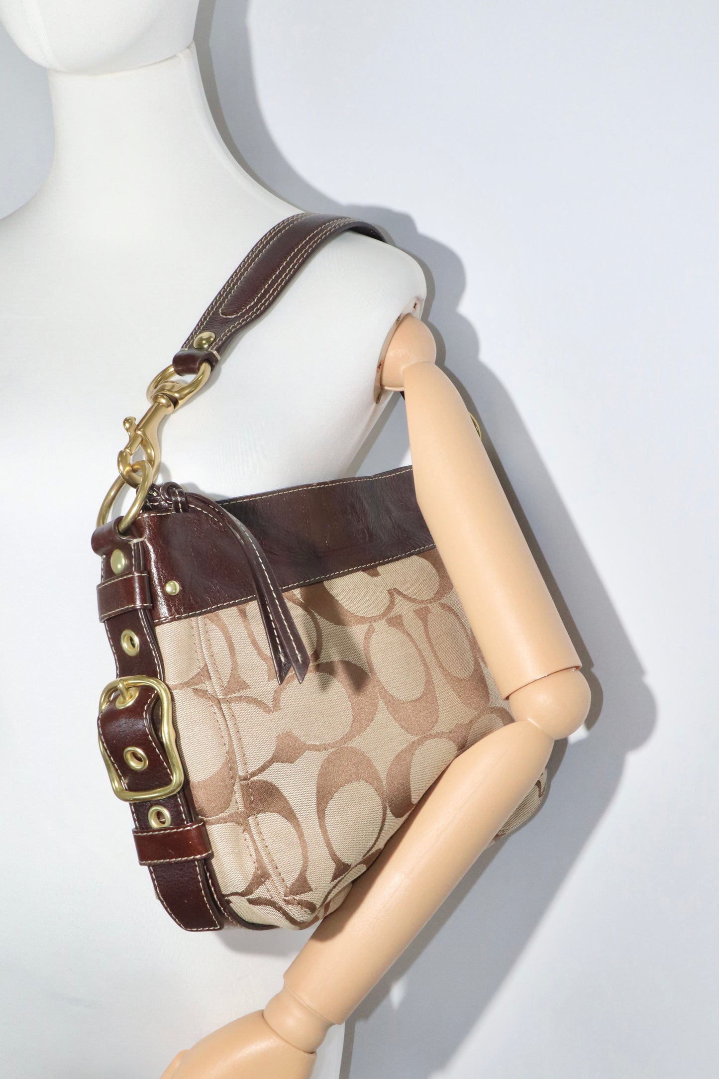 Vintage Coach Zoe Shoulder Bag in Signature Canvas with Brown Leather Trim - 12674