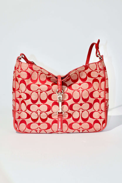 Vintage Coach 2001 Red Clip Tote Shoulder Bag featuring signature C monogram canvas and bold red leather trim.