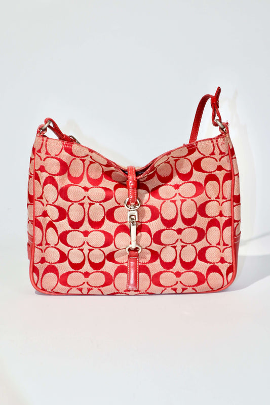 Vintage Coach 2001 Red Clip Tote Shoulder Bag featuring signature C monogram canvas and bold red leather trim.
