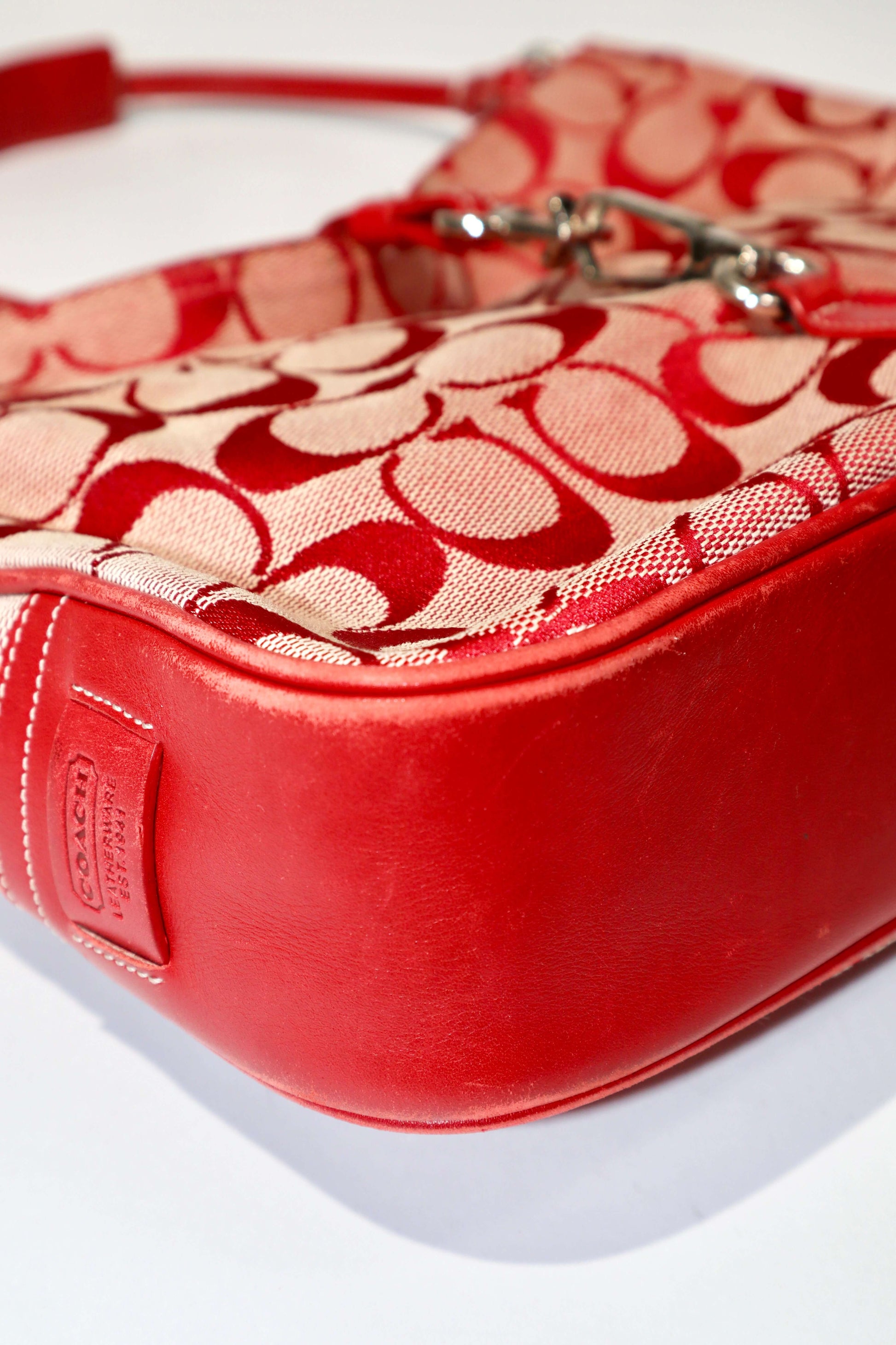 Vintage Coach 2001 Red Clip Tote Shoulder Bag shown from bottom corner 