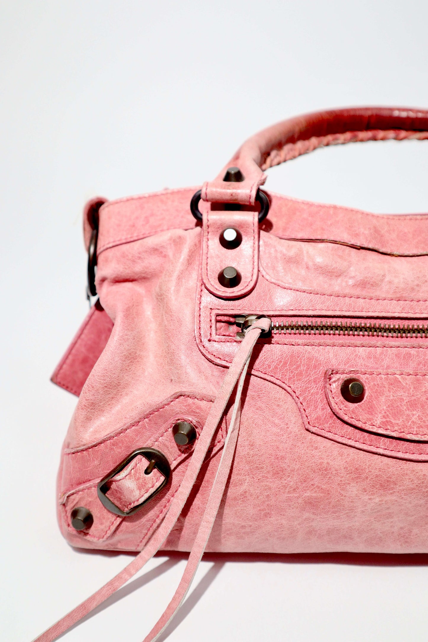Balenciaga The First’ Pink Leather 2-Way Handbag side view of exterior 
