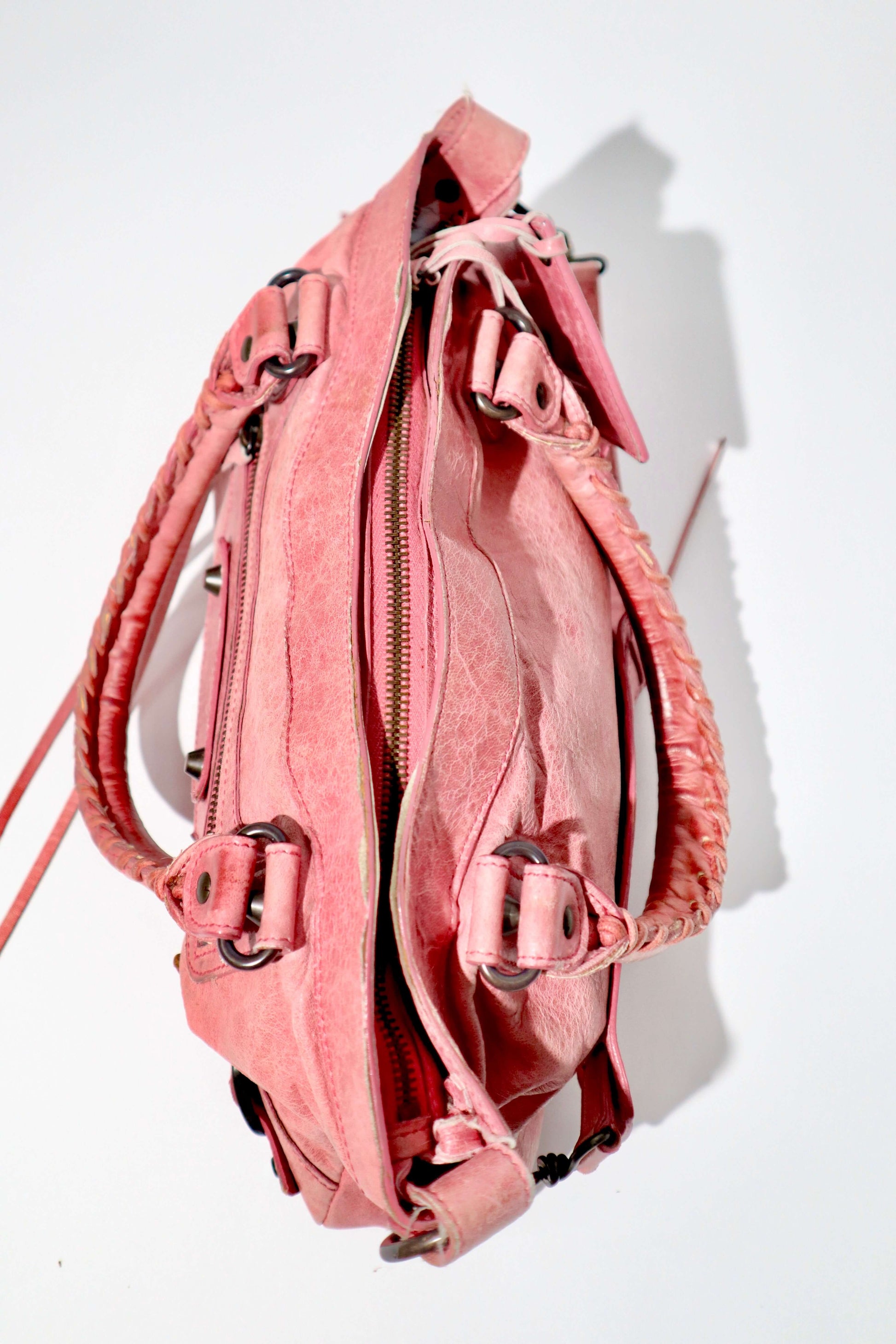 Balenciaga The First’ Pink Leather 2-Way Handbag view from birds eye view 