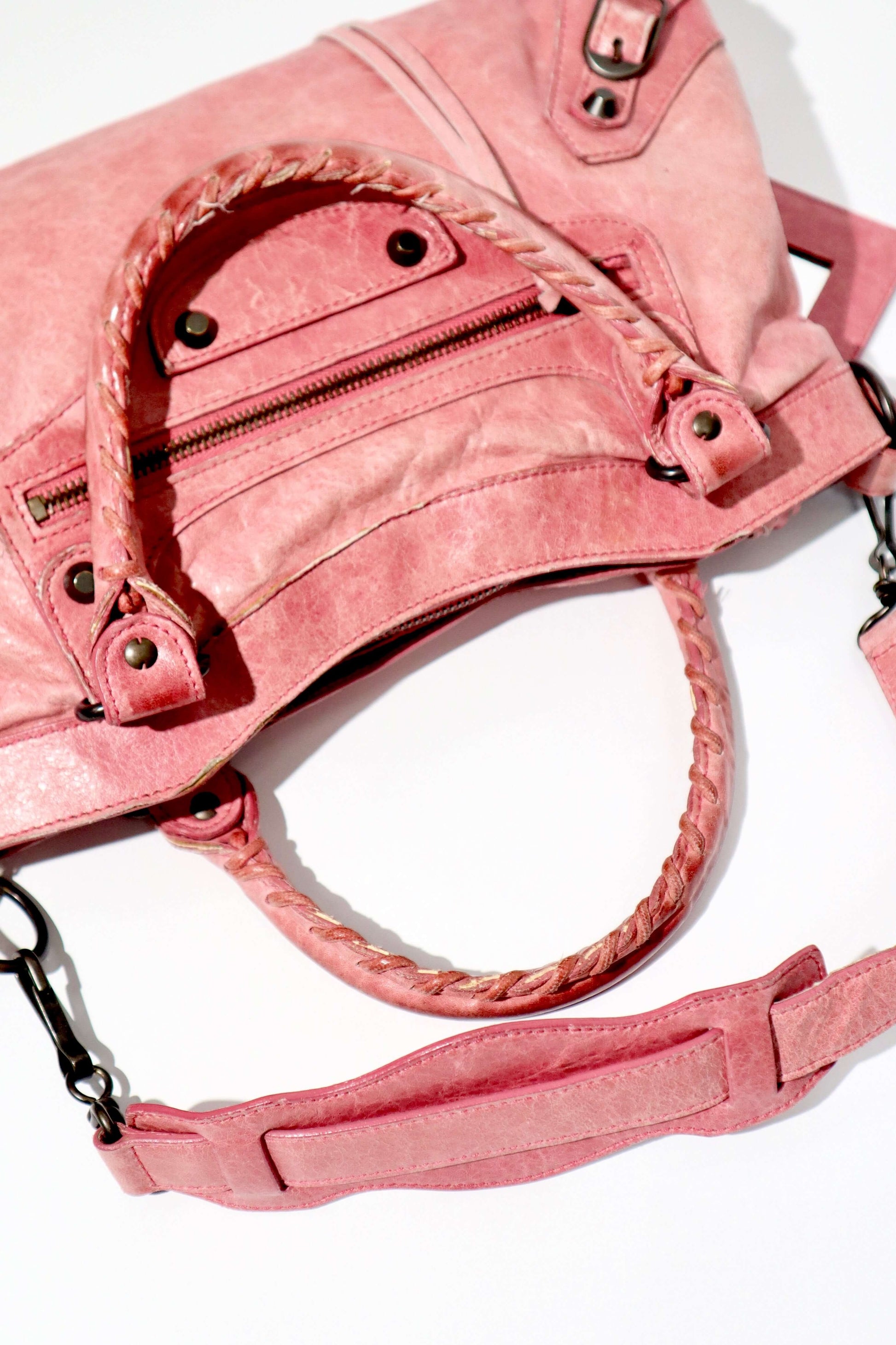 Balenciaga The First’ Pink Leather 2-Way Handbag flat lay view