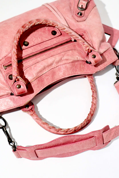 Balenciaga The First’ Pink Leather 2-Way Handbag flat lay view