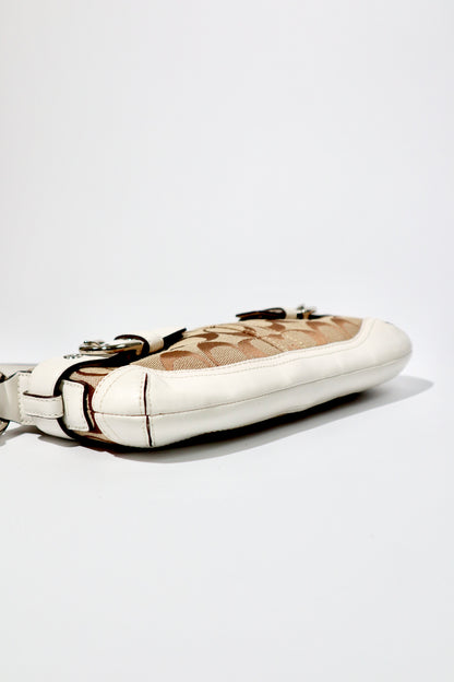 Vintage Coach 2005 Mini Belt Shoulder Bag in Tan & Brown side view showcasing its canvas and leather design.