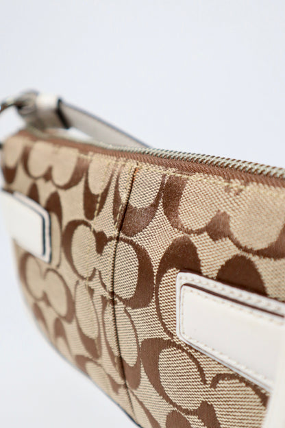 Vintage Coach 2005 Mini Belt Shoulder Bag in Tan & Brown close-up of fabric and details.