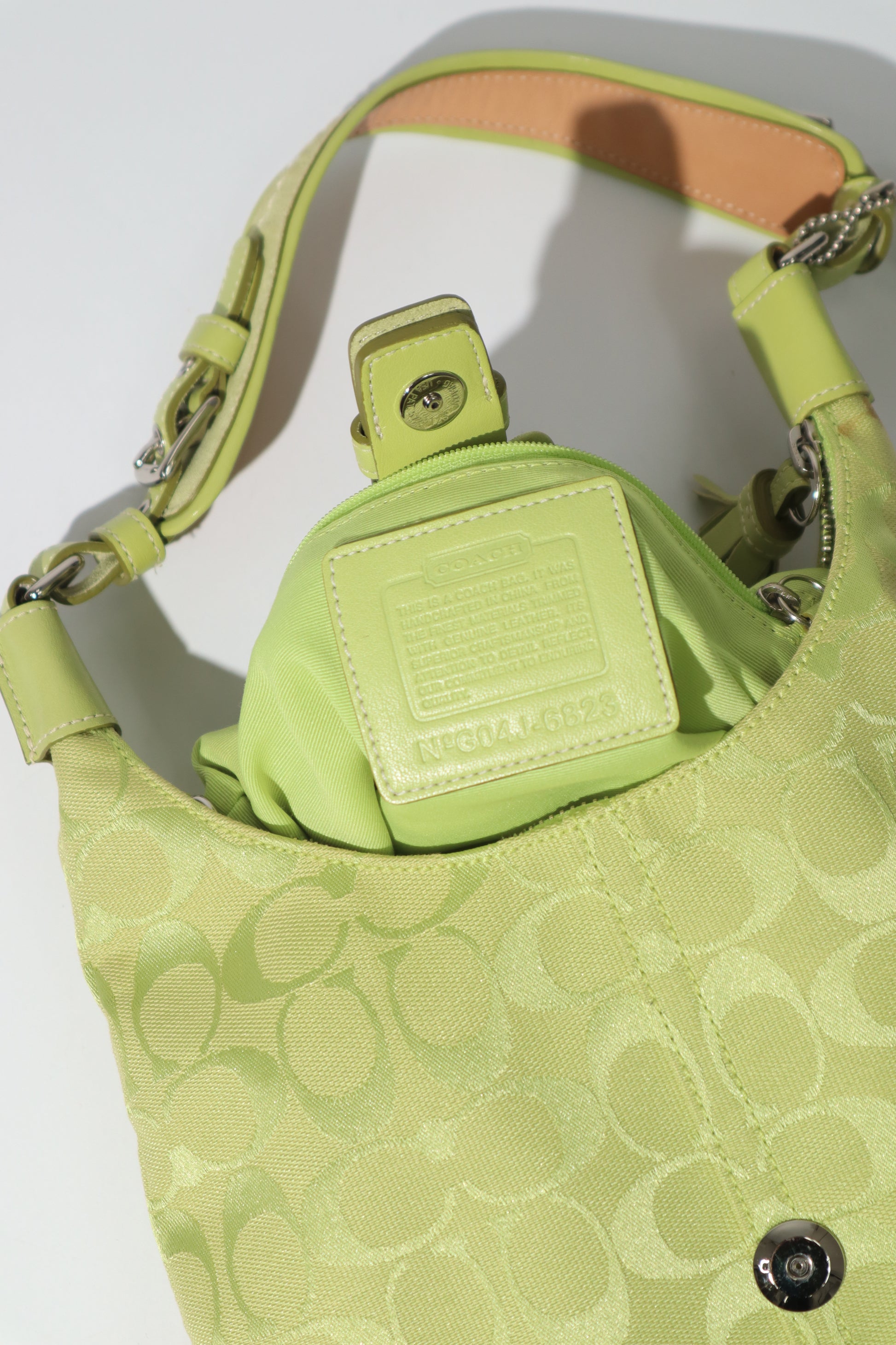 Vintage Coach 2004 Lime Green Hobo Shoulder Bag close up of the serial number