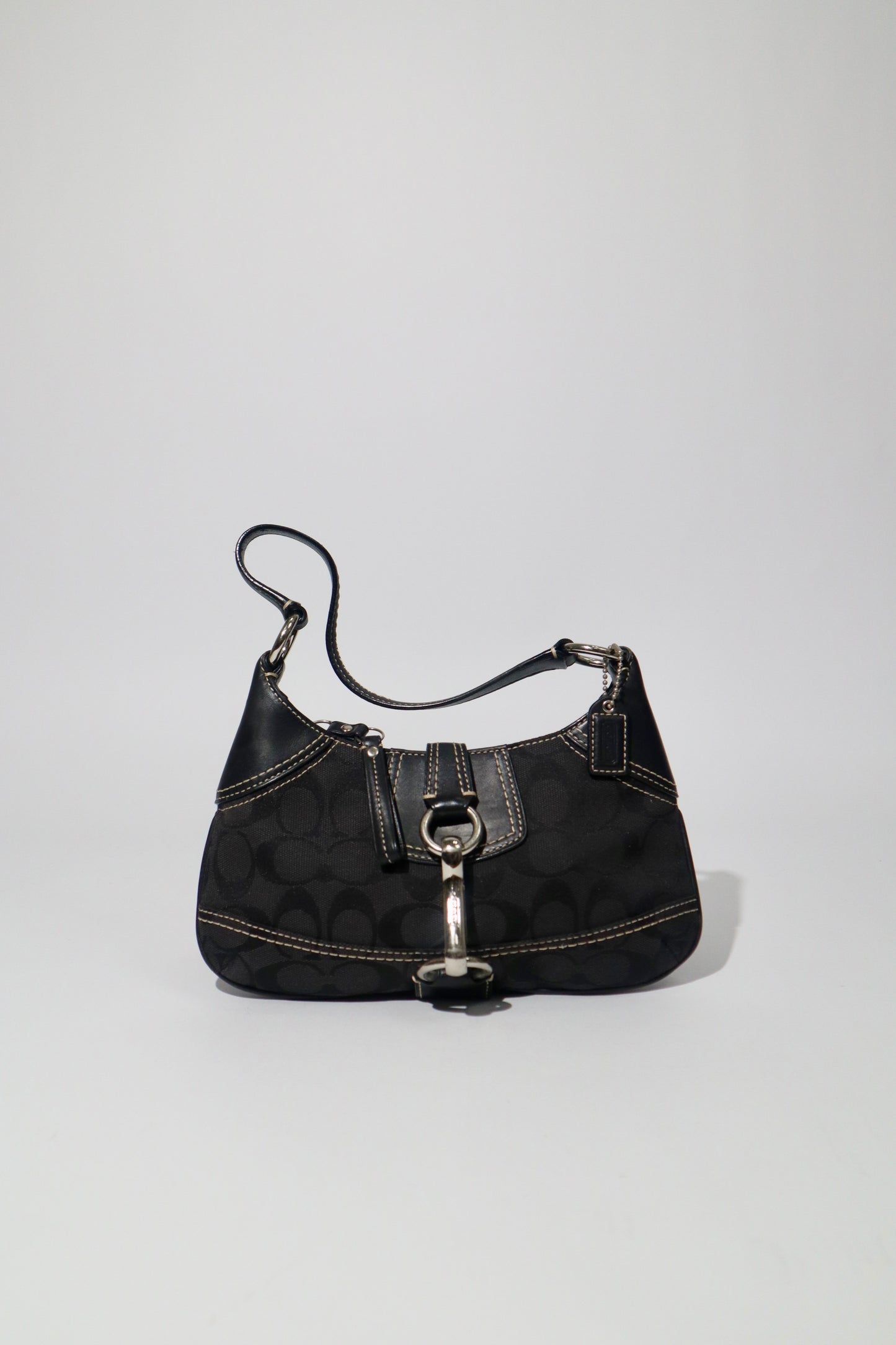 Coach Signature Hampton Black Canvas Shoulder Bag with Silver Horsebit Buckle -10283