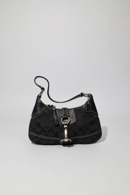 Coach Signature Hampton Black Canvas Shoulder Bag with Silver Horsebit Buckle -10283