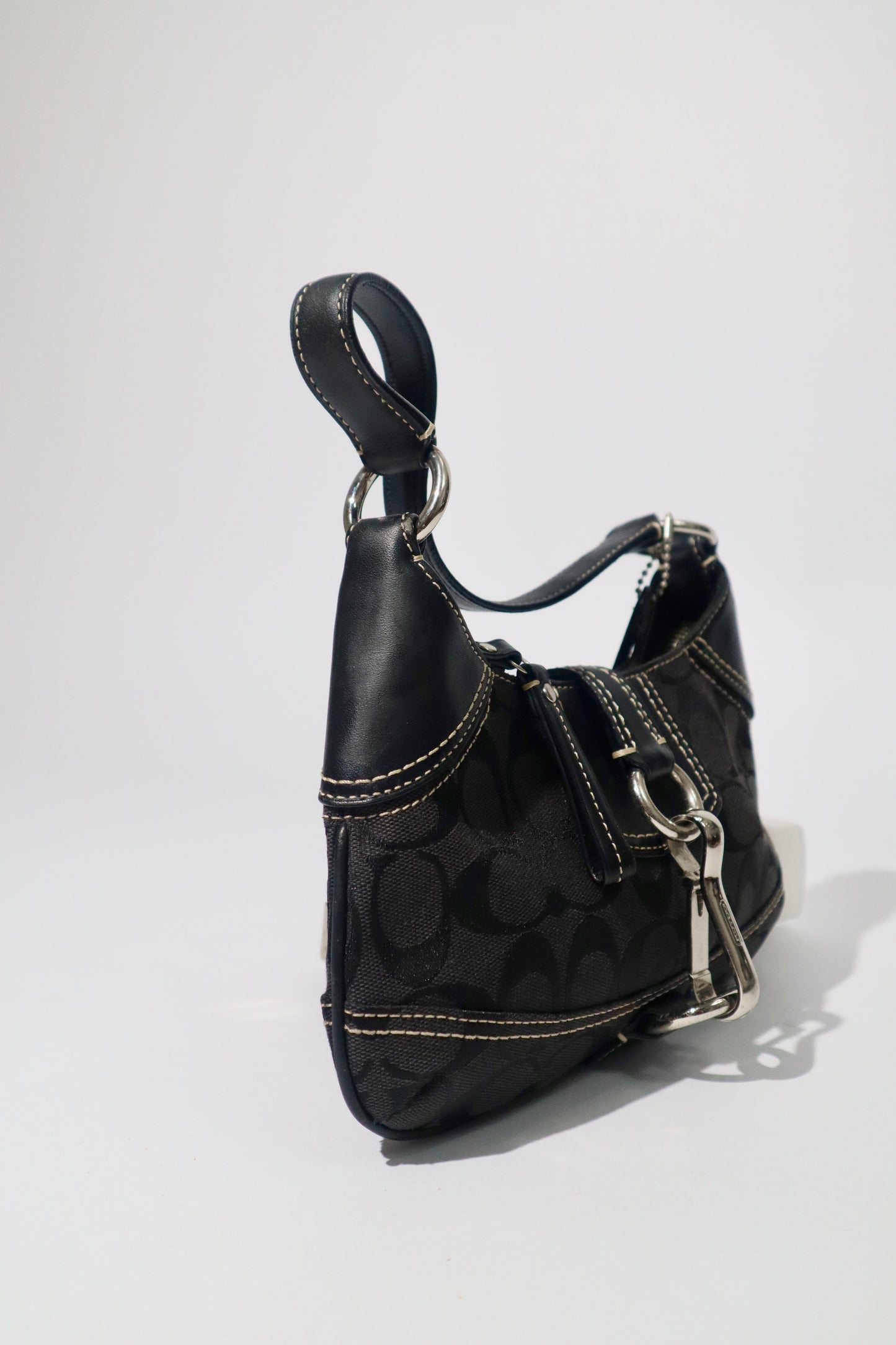 Coach Signature Hampton Black Canvas Shoulder Bag with Silver Horsebit Buckle -10283