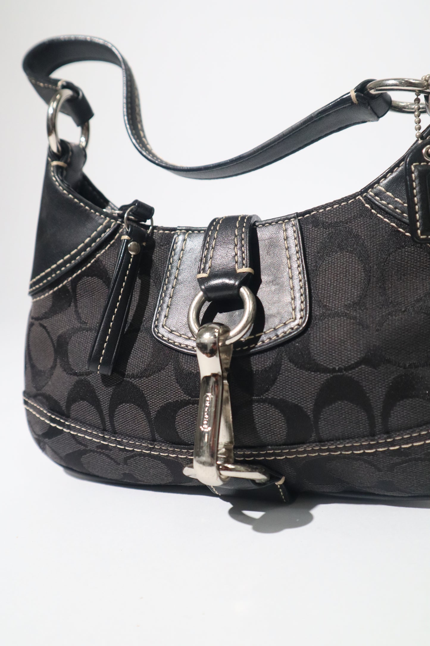 Coach Signature Hampton Black Canvas Shoulder Bag with Silver Horsebit Buckle -10283