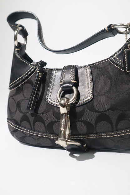 Coach Signature Hampton Black Canvas Shoulder Bag with Silver Horsebit Buckle -10283