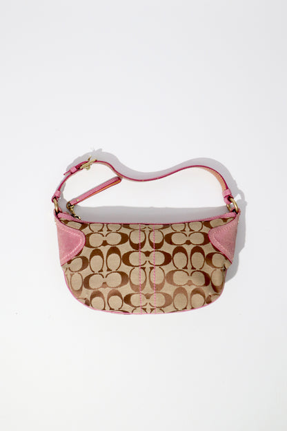 Vintage Coach Signature Monogram Hobo Shoulder Bag with Pink Suede Trim