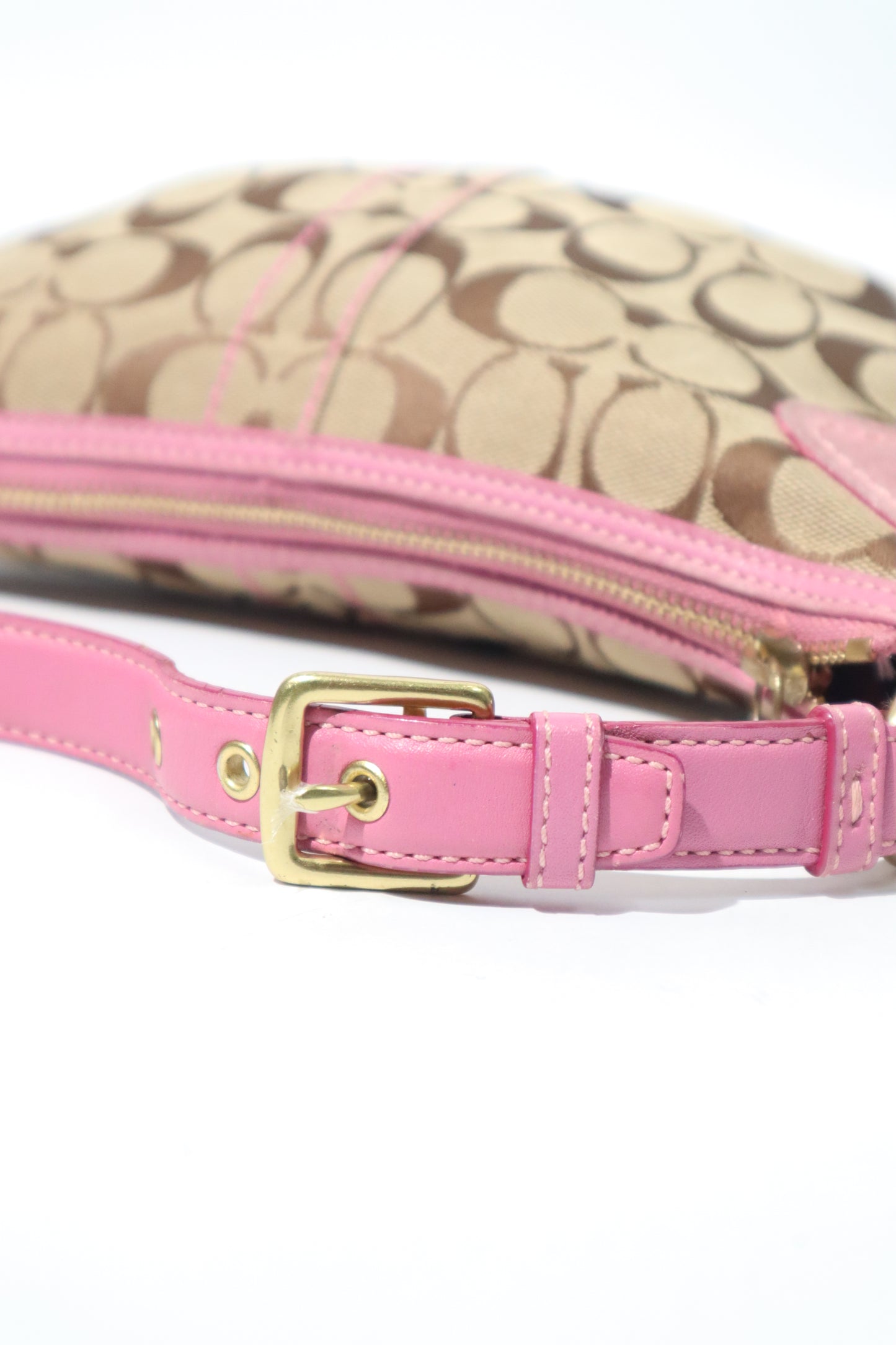 Vintage Coach Signature Monogram Hobo Shoulder Bag with Pink Suede Trim