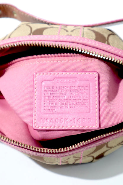 Vintage Coach Signature Monogram Hobo Shoulder Bag with Pink Suede Trim