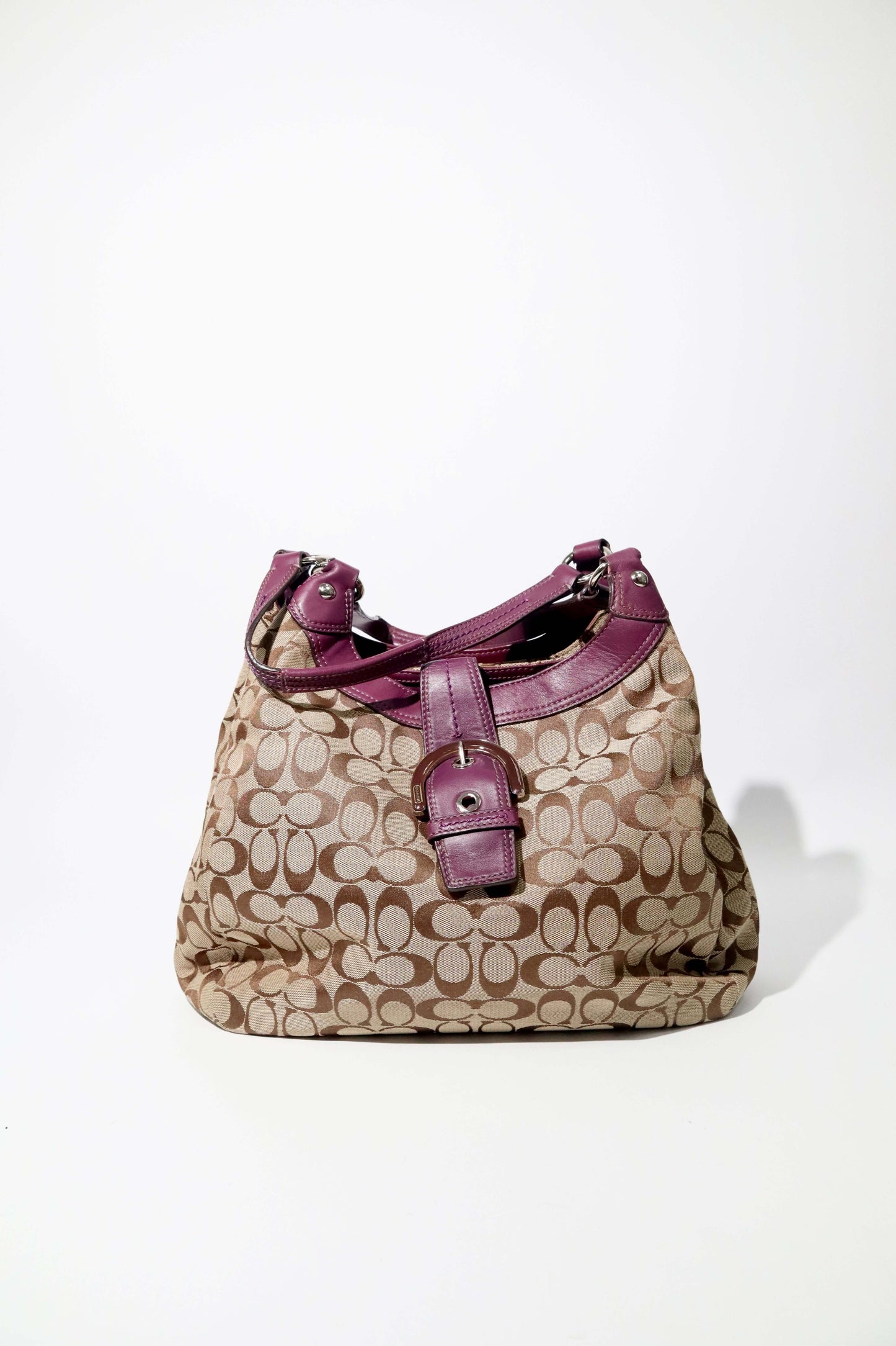 Vintage Coach Soho Shoulder Bag in Brown with Purple Leather Trim (F17403)