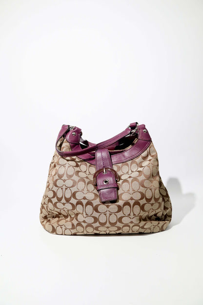 Vintage Coach Soho Shoulder Bag in Brown with Purple Leather Trim (F17403)