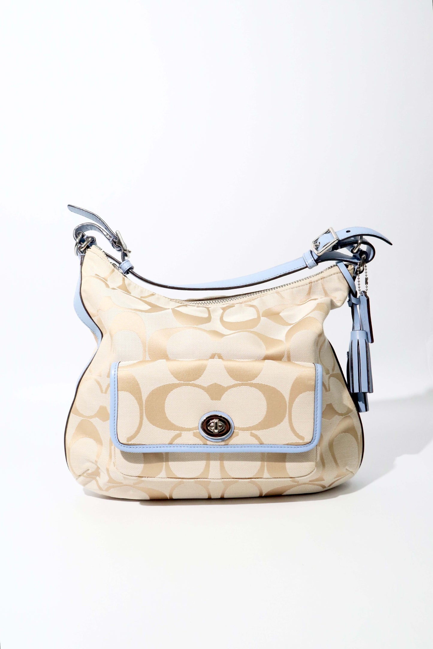 Coach Courtney Hobo Bag in Beige Signature Canvas with Light Blue Leather Trim