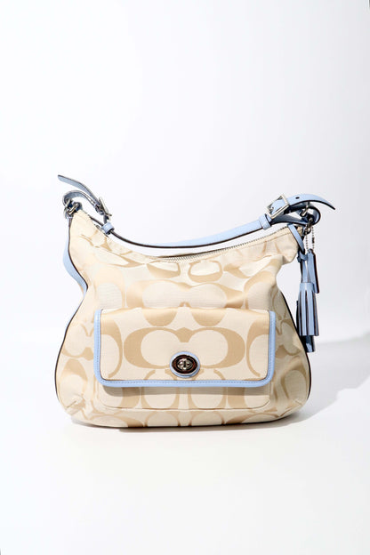 Coach Courtney Hobo Bag in Beige Signature Canvas with Light Blue Leather Trim