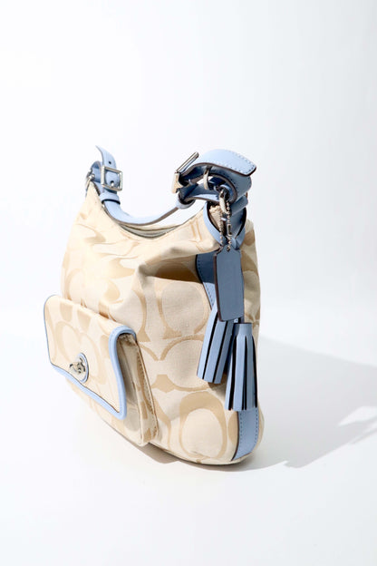Coach Courtney Hobo Bag in Beige Signature Canvas with Light Blue Leather Trim