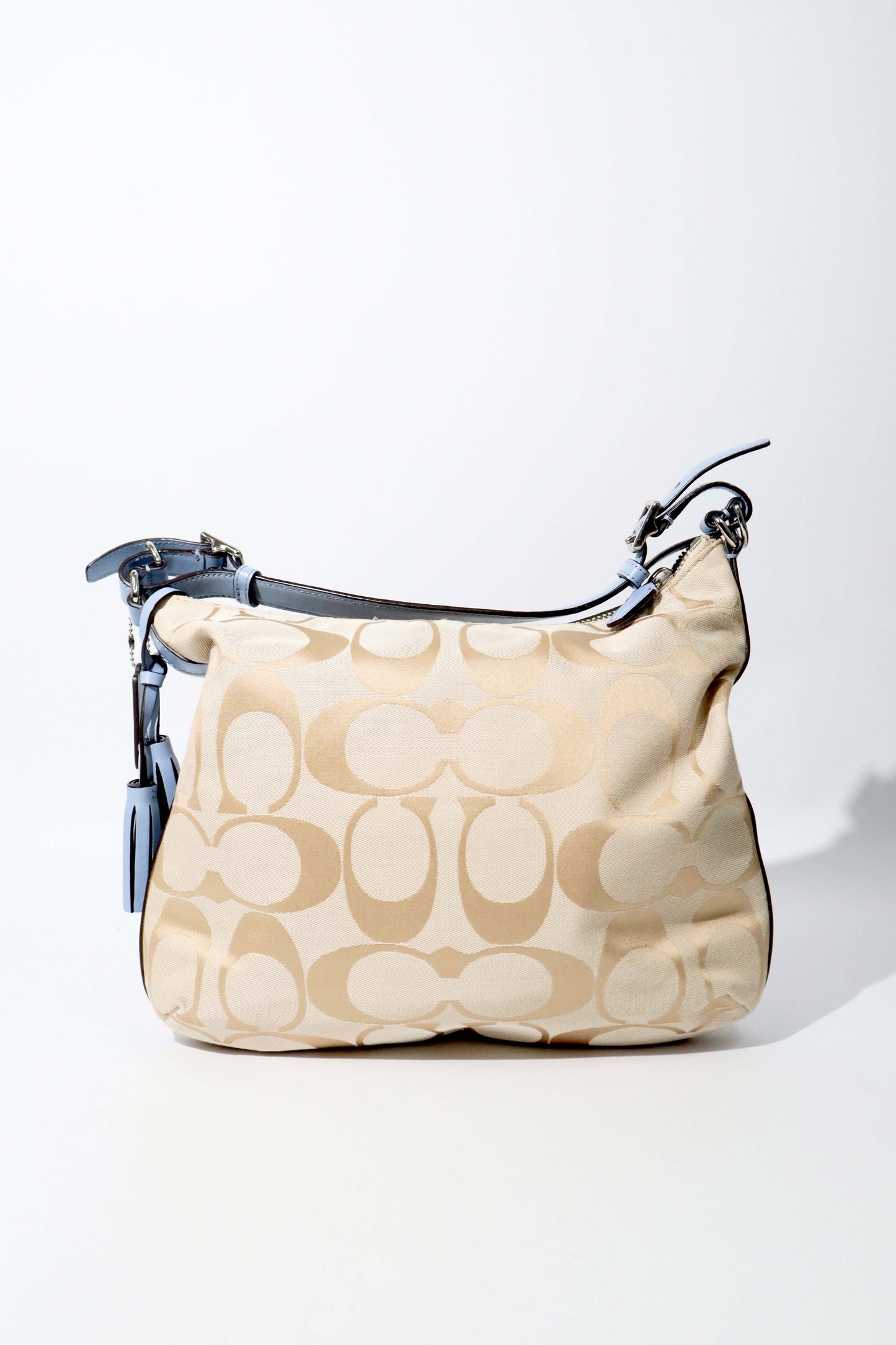 Coach Courtney Hobo Bag in Beige Signature Canvas with Light Blue Leather Trim