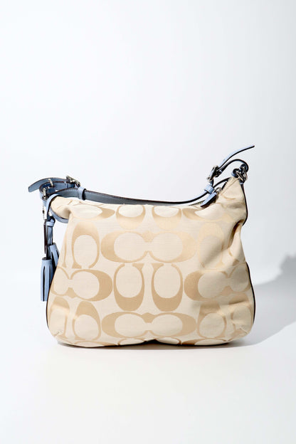 Coach Courtney Hobo Bag in Beige Signature Canvas with Light Blue Leather Trim