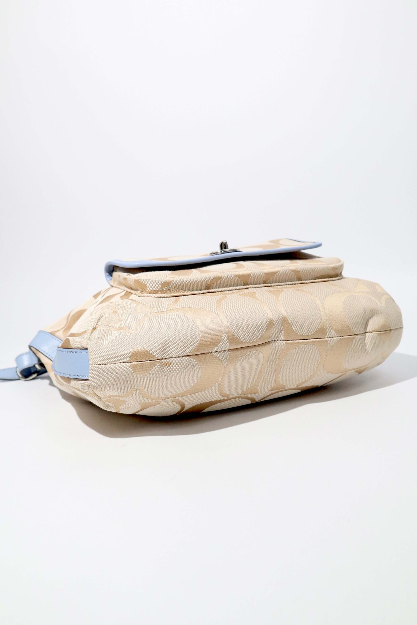 Coach Courtney Hobo Bag in Beige Signature Canvas with Light Blue Leather Trim