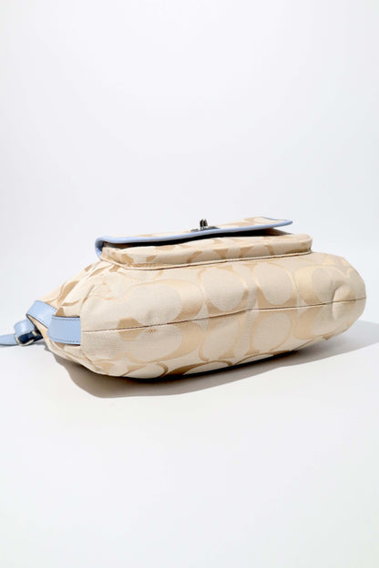 Coach Courtney Hobo Bag in Beige Signature Canvas with Light Blue Leather Trim