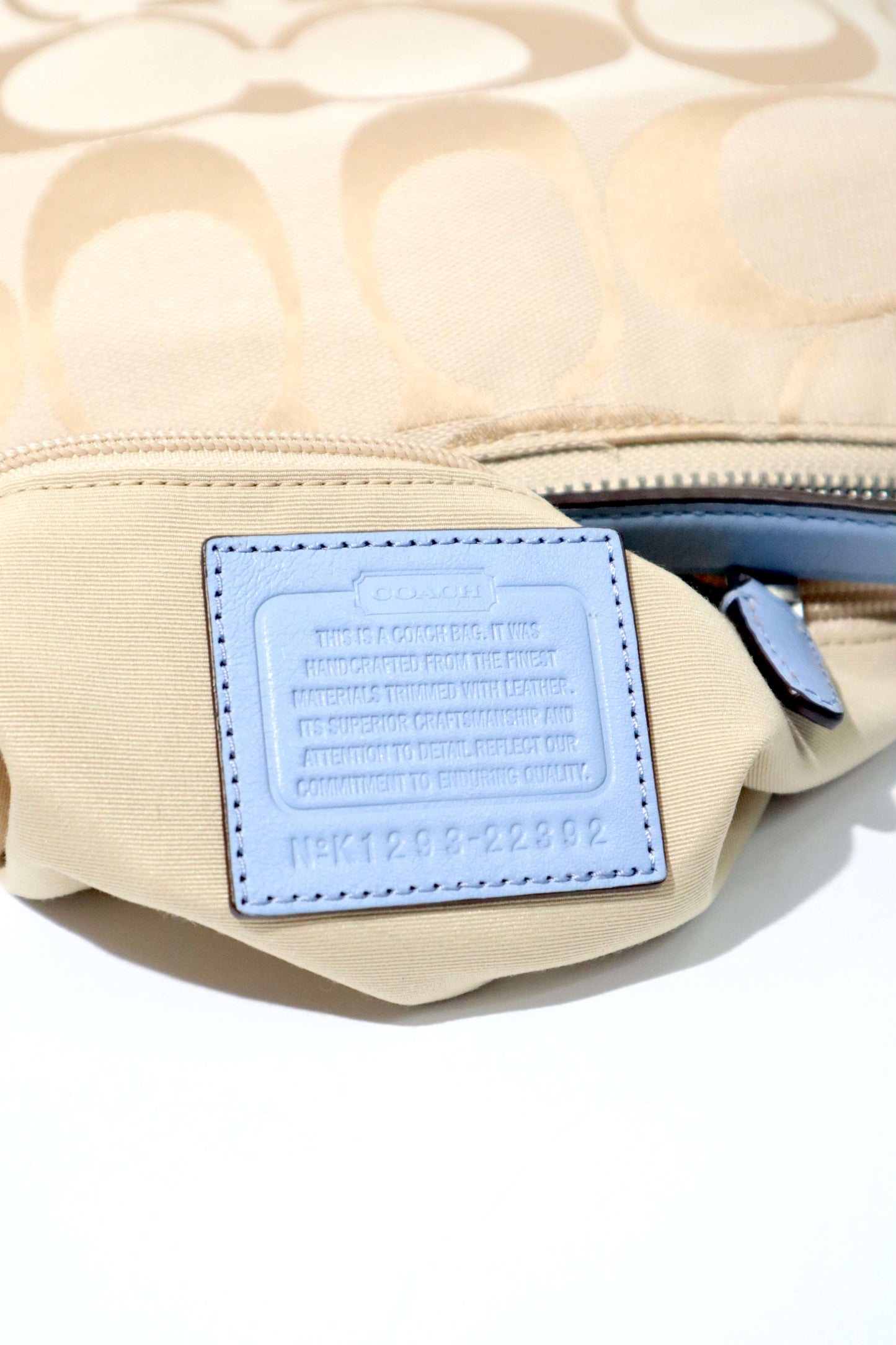 Coach Courtney Hobo Bag in Beige Signature Canvas with Light Blue Leather Trim