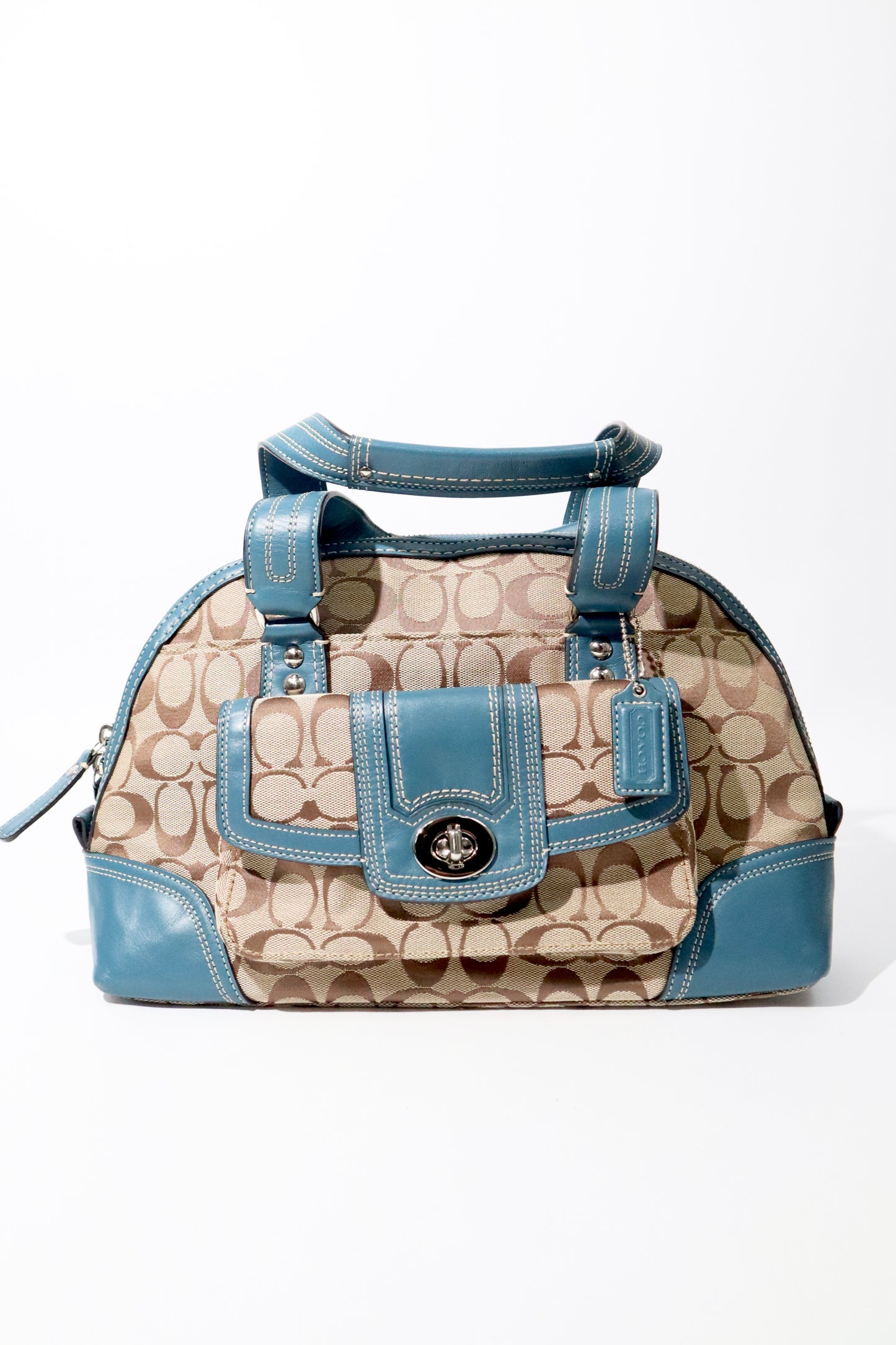 Vintage Coach Signature Print Satchel Handbag with Blue Leather Trim