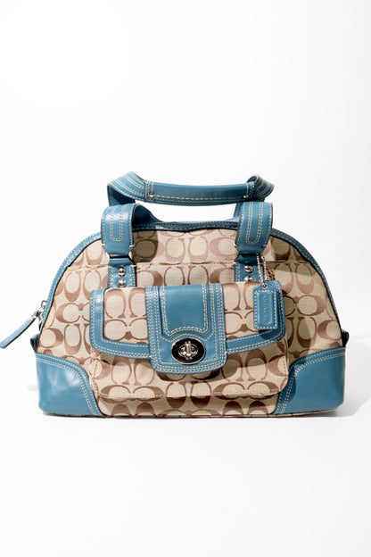 Vintage Coach Signature Print Satchel Handbag with Blue Leather Trim
