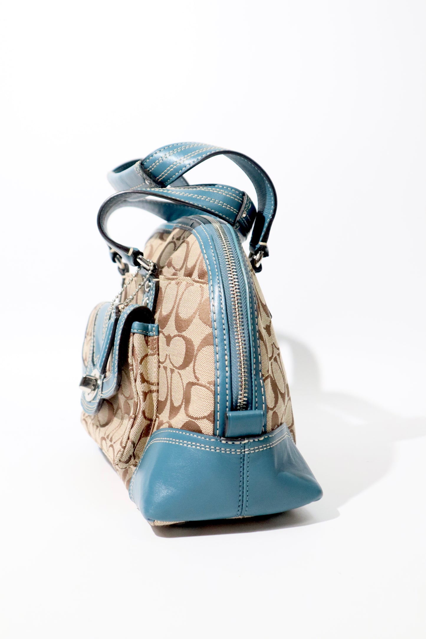 Vintage Coach Signature Print Satchel Handbag with Blue Leather Trim