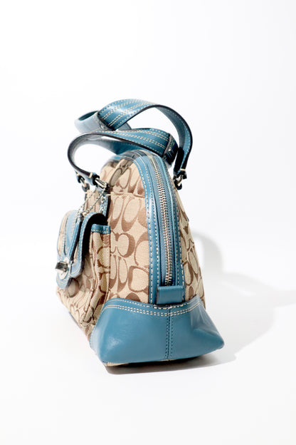 Vintage Coach Signature Print Satchel Handbag with Blue Leather Trim