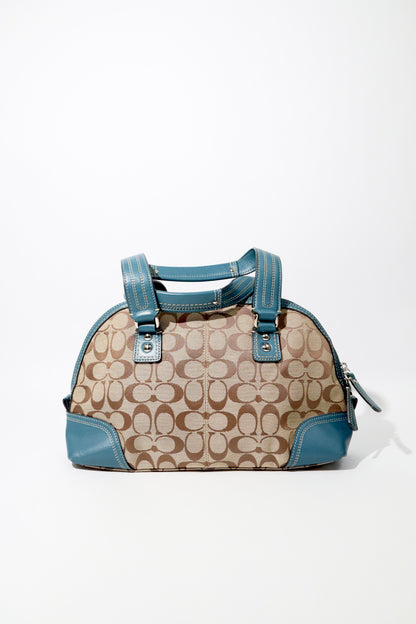 Vintage Coach Signature Print Satchel Handbag with Blue Leather Trim