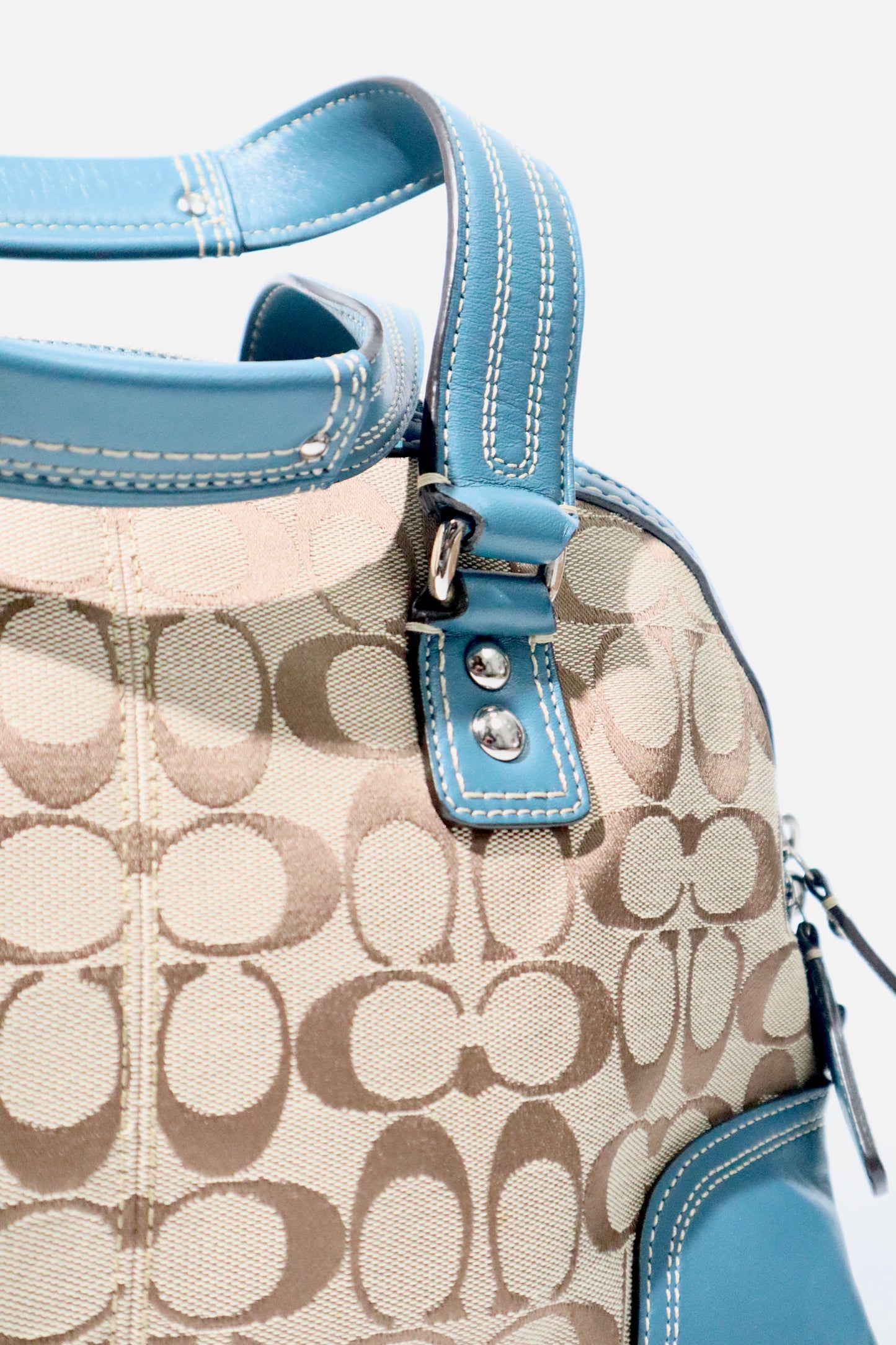 Vintage Coach Signature Print Satchel Handbag with Blue Leather Trim