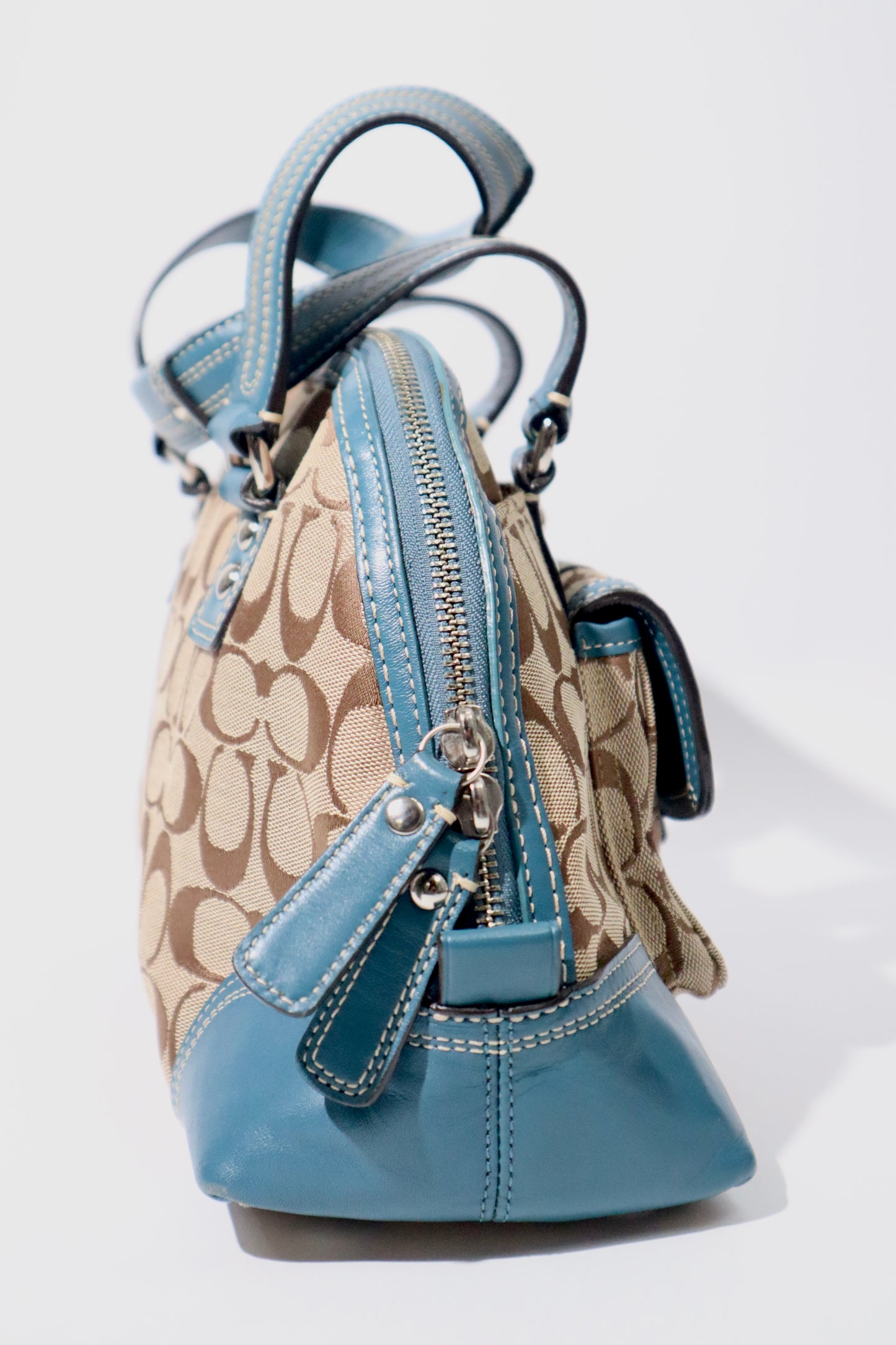 Vintage Coach Signature Print Satchel Handbag with Blue Leather Trim