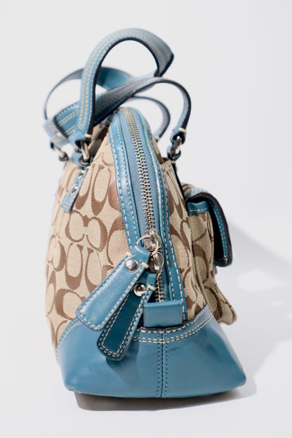 Vintage Coach Signature Print Satchel Handbag with Blue Leather Trim