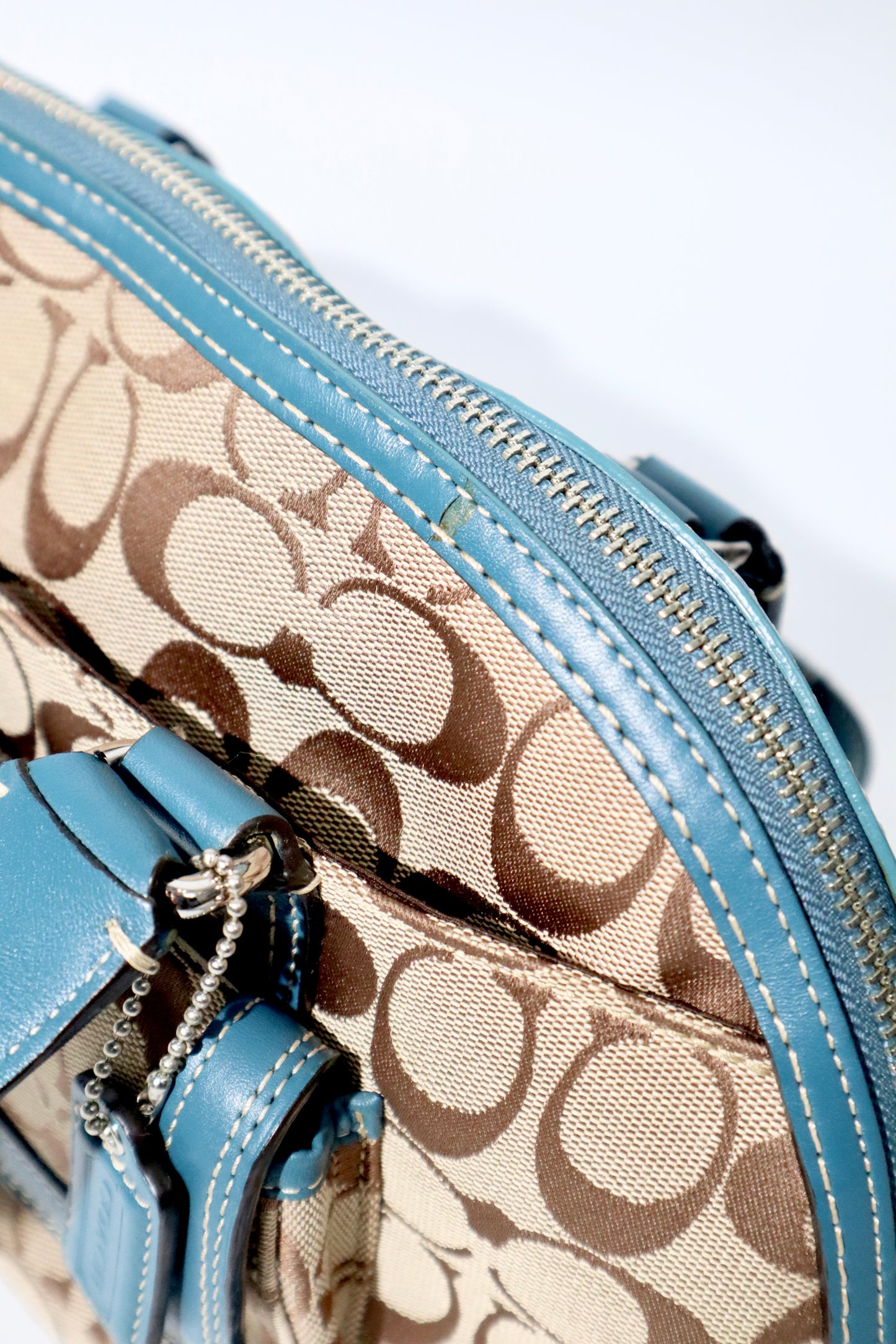 Vintage Coach Signature Print Satchel Handbag with Blue Leather Trim