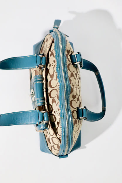 Vintage Coach Signature Print Satchel Handbag with Blue Leather Trim